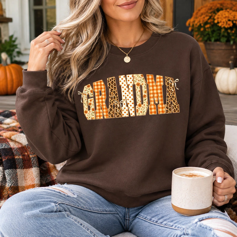 Personalized Grandma Fall Sweatshirt, Custom Nana Mamaw Gigi Mama Nickname, Thanksgiving Gift for Grandma Women, Floral Gingham Leopard Autumn Style