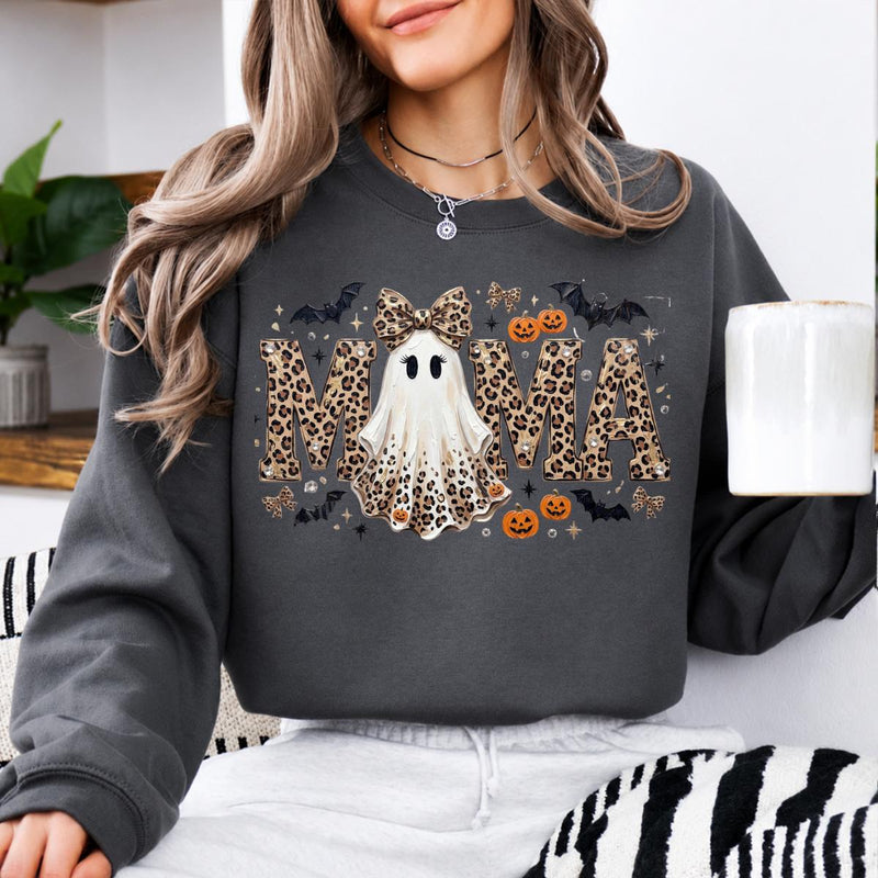 Personalized Grandma Halloween Sweatshirt Leopard Ghost Custom Mimi Gigi Mama Nickname Fall Spooky Season Women Cute Style