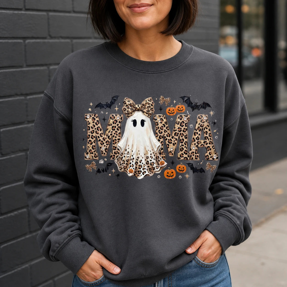 Personalized Grandma Halloween Sweatshirt Leopard Ghost Custom Mimi Gigi Mama Nickname Fall Spooky Season Women Cute Style