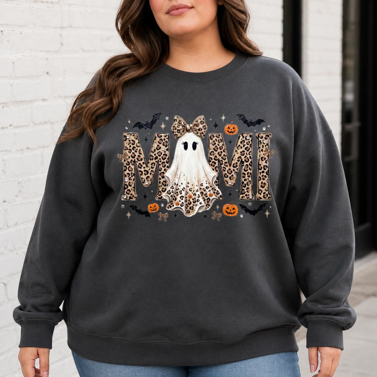 Personalized Grandma Halloween Sweatshirt Leopard Ghost Custom Mimi Gigi Mama Nickname Fall Spooky Season Women Cute Style