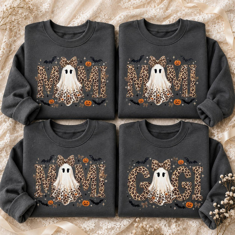 Personalized Grandma Halloween Sweatshirt Leopard Ghost Custom Mimi Gigi Mama Nickname Fall Spooky Season Women Cute Style