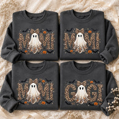 Personalized Grandma Halloween Sweatshirt Leopard Ghost Custom Mimi Gigi Mama Nickname Fall Spooky Season Women Cute Style