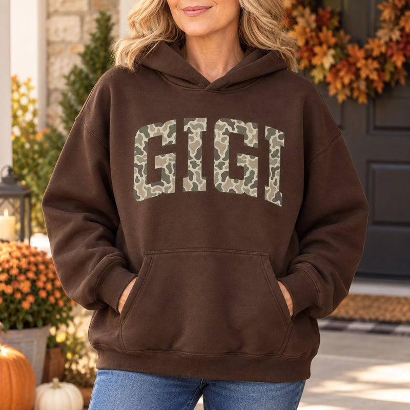 Personalized Grandma Hoodie, Custom Camo Varsity Family Name Pullover for Mama Nana Gigi Auntie or Custom Text Gift