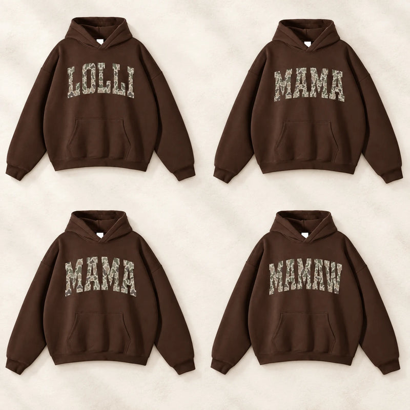 Personalized Grandma Hoodie, Custom Camo Varsity Family Name Pullover for Mama Nana Gigi Auntie or Custom Text Gift
