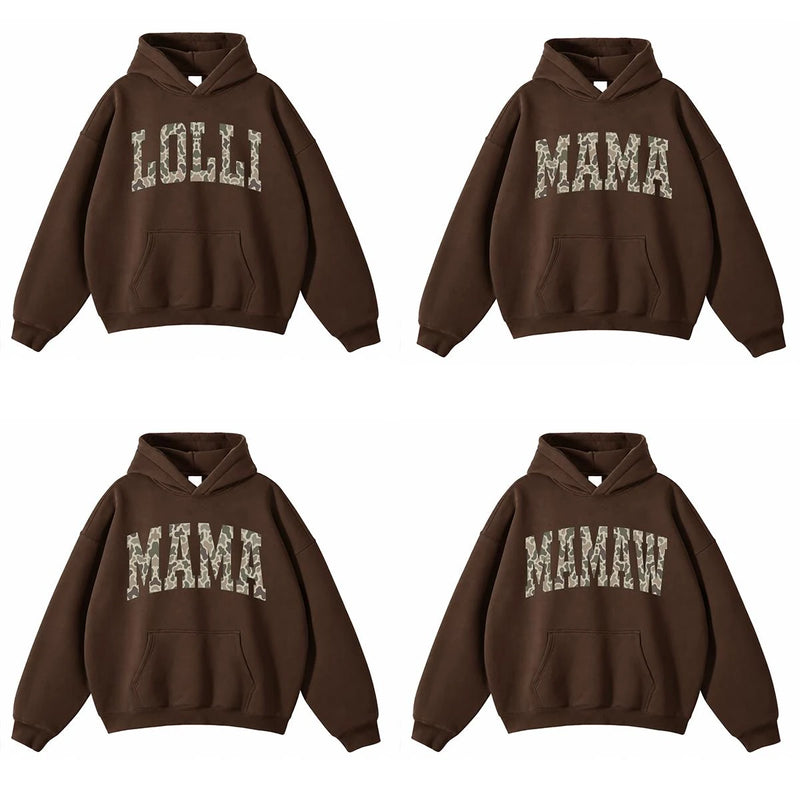 Personalized Grandma Hoodie, Custom Family Title Camo Collegiate Design, Choose Mama Nana Gigi Auntie or Your Own Text, Gift for Mom Grandma Aunt