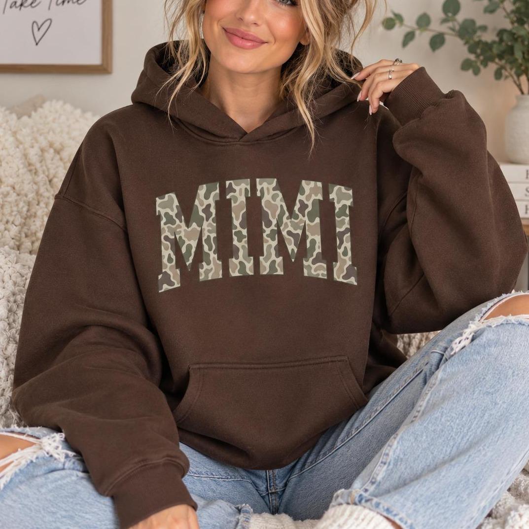 Personalized Grandma Hoodie, Custom Family Title Camo Collegiate Design, Choose Mama Nana Gigi Auntie or Your Own Text, Gift for Mom Grandma Aunt