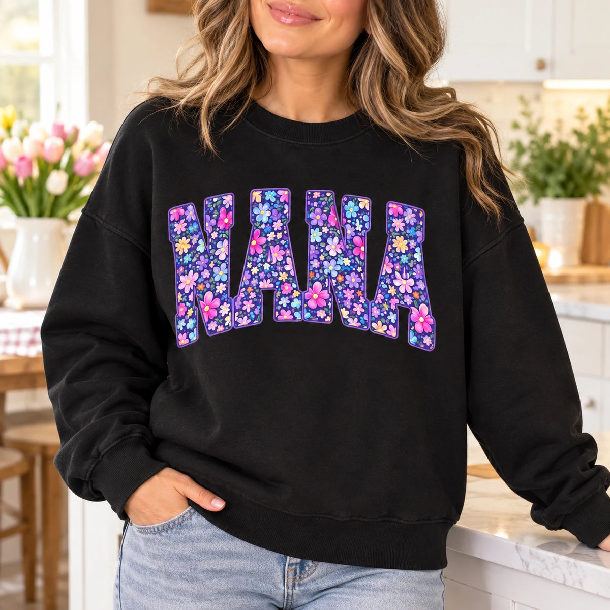 Personalized Grandma Nickname Sweatshirt, Custom Nana Granny Mimi Mom Aunt Floral Letter Gift
