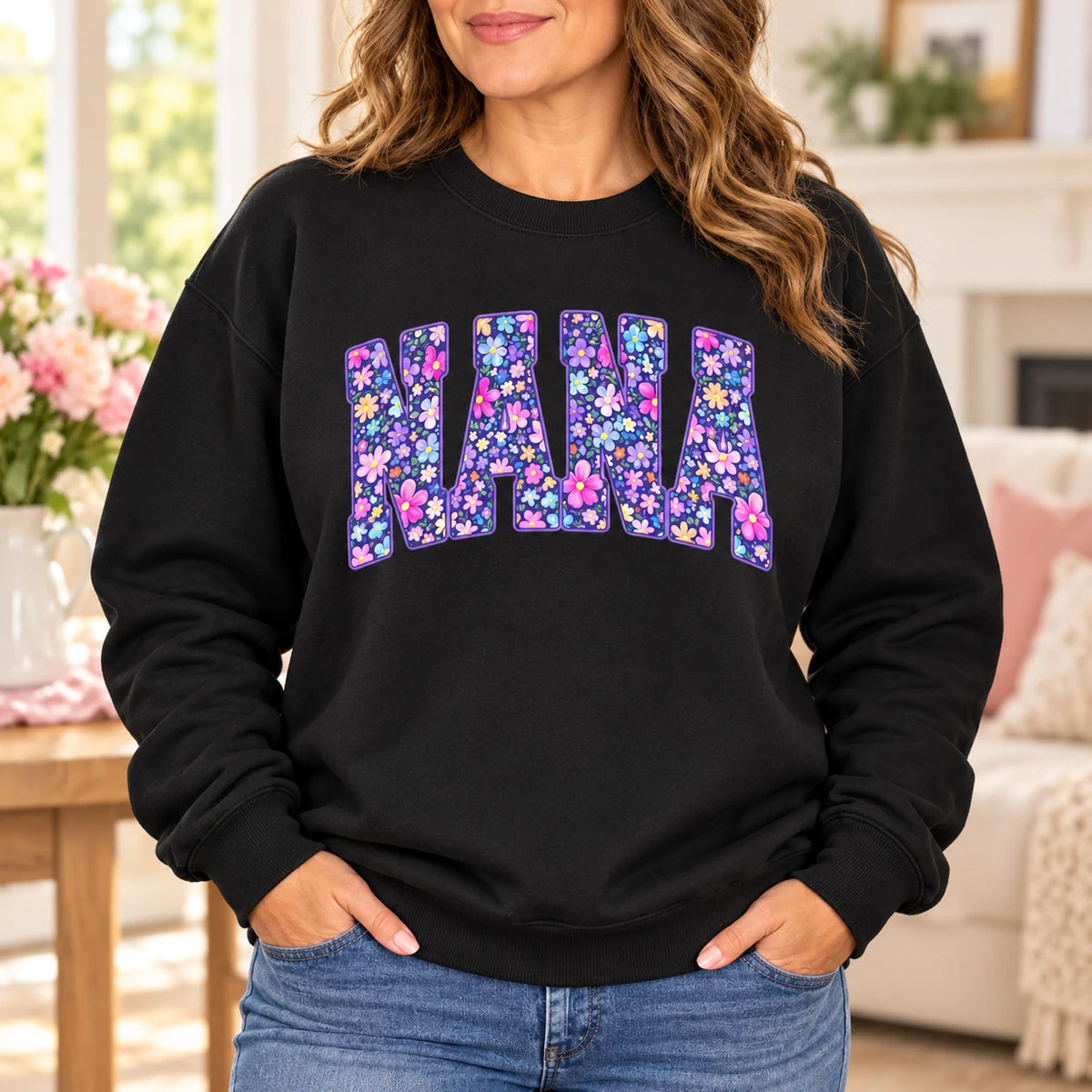 Personalized Grandma Nickname Sweatshirt, Custom Nana Granny Mimi Mom Aunt Floral Letter Gift