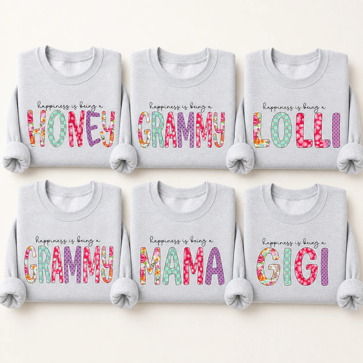 Personalized Grandma Nickname Sweatshirt, Floral Happiness Family Title Crewneck for Grammy Gigi Mimi Mom Aunt Abuela, Mother's Day Birthday Gift