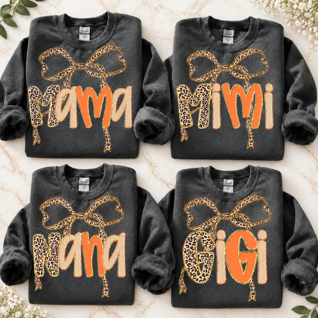 Personalized Grandma Sweatshirt, Charcoal Leopard Bow