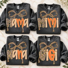 Personalized Grandma Sweatshirt, Charcoal Leopard Bow