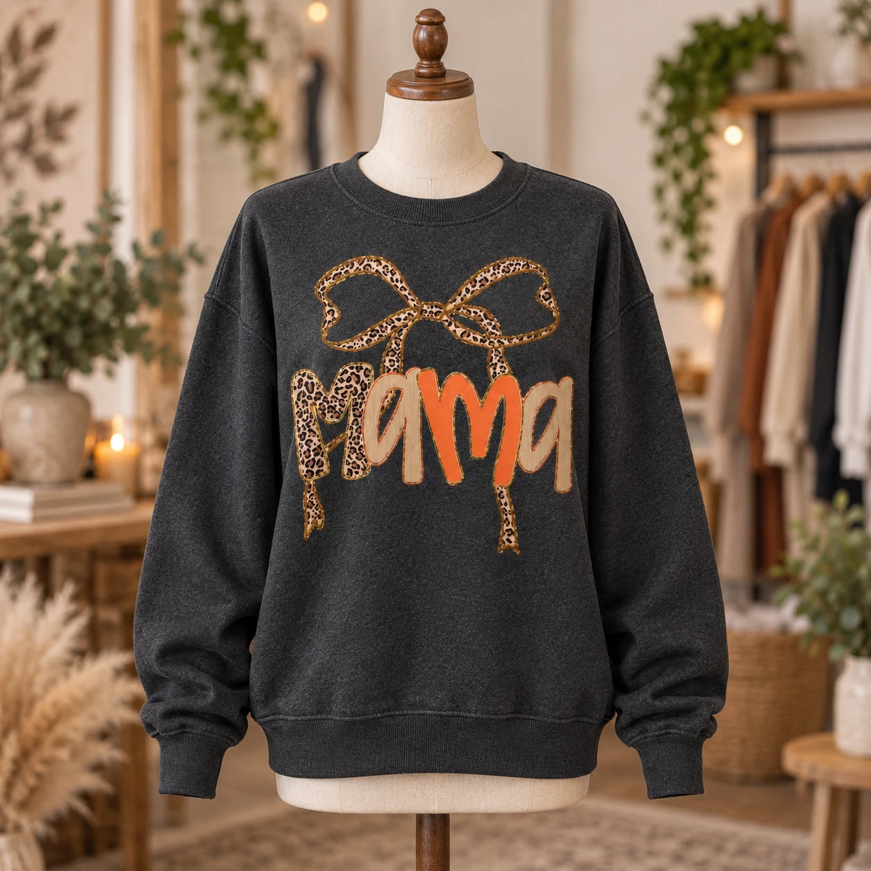 Personalized Grandma Sweatshirt, Charcoal Leopard Bow