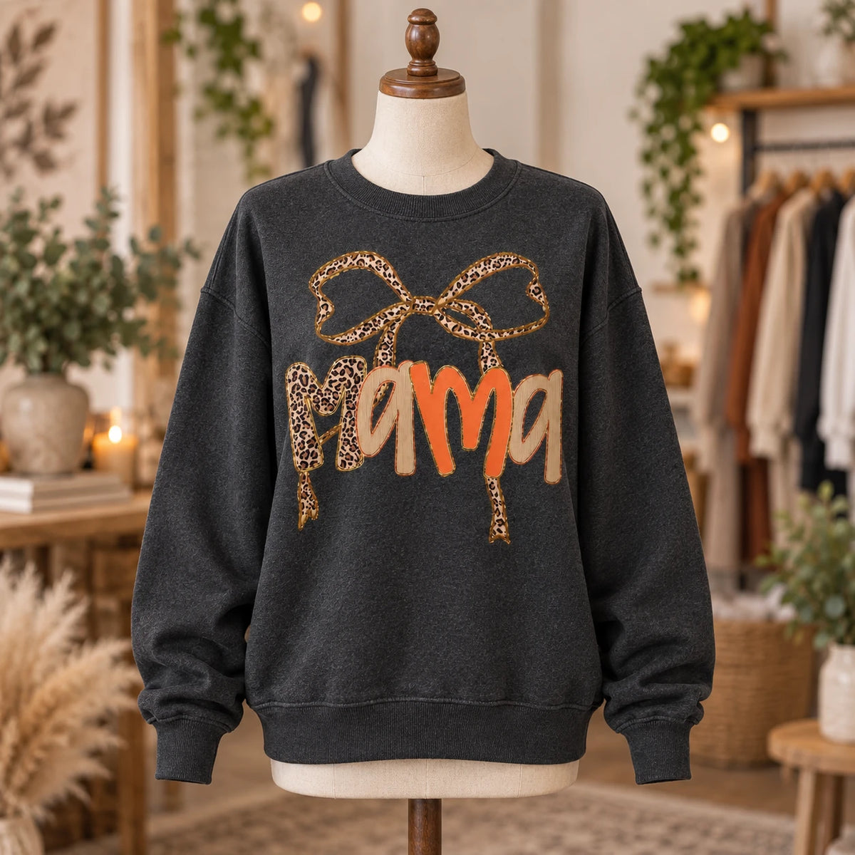 Personalized Grandma Sweatshirt, Charcoal Leopard Bow