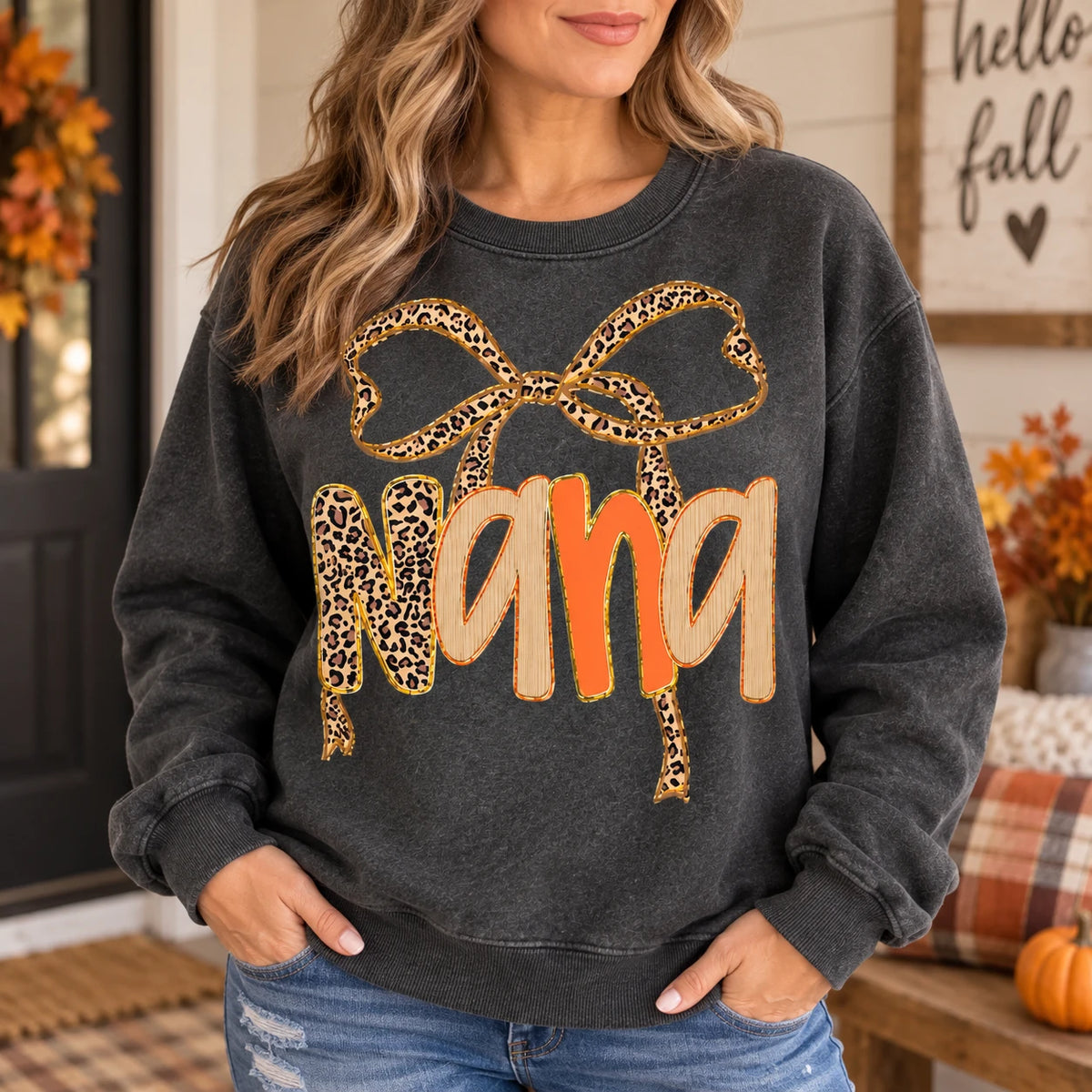 Personalized Grandma Sweatshirt, Charcoal Leopard Bow