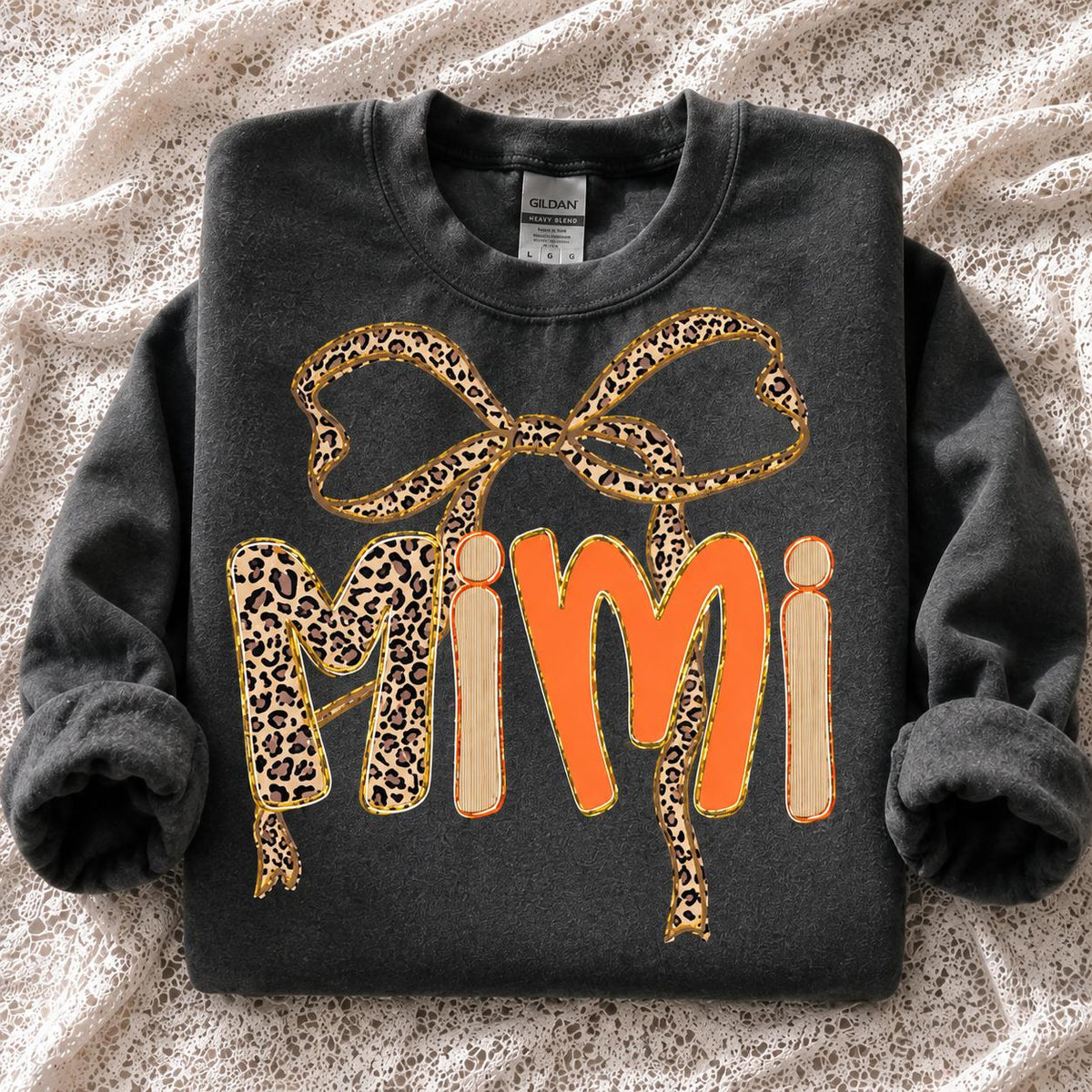 Personalized Grandma Sweatshirt, Charcoal Leopard Bow