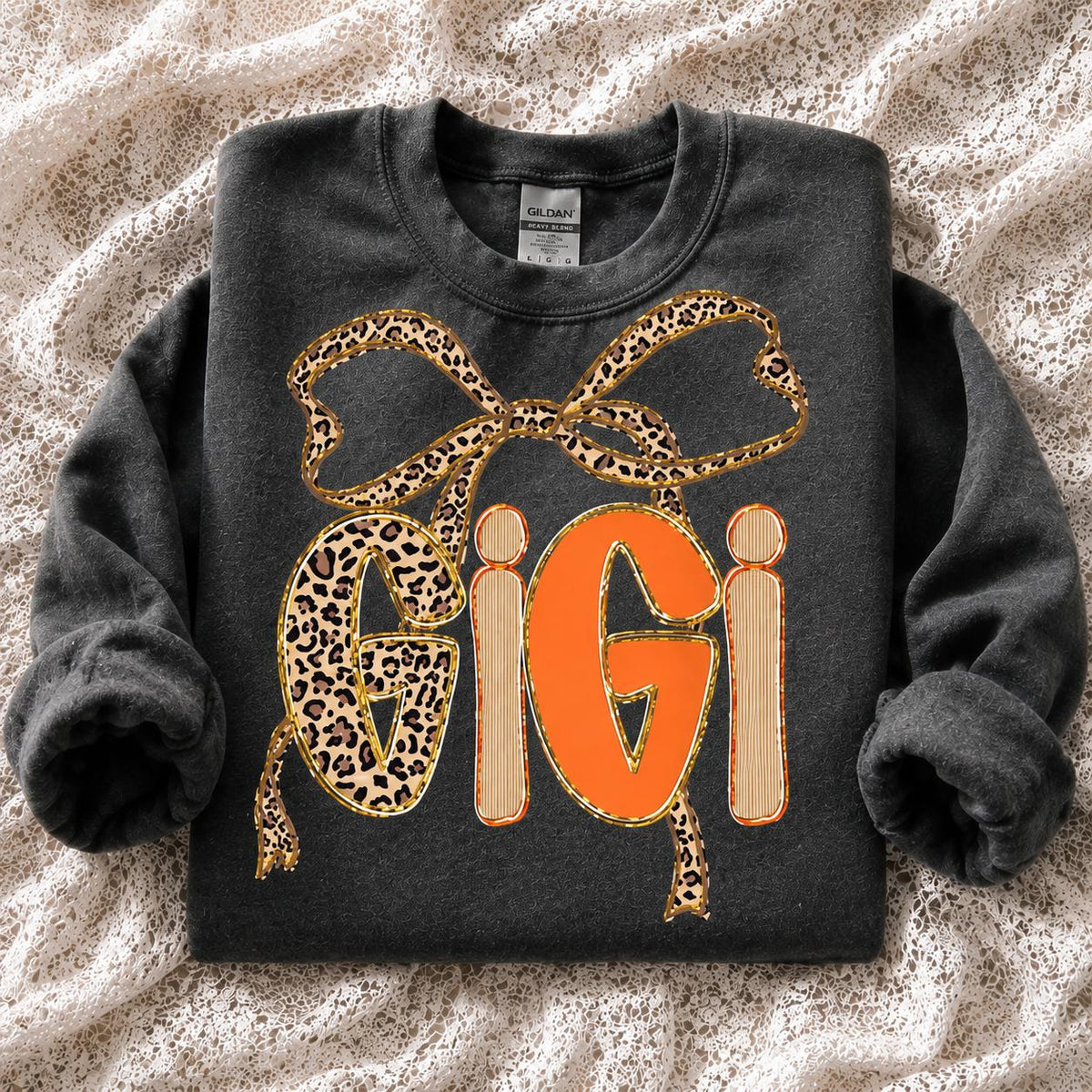 Personalized Grandma Sweatshirt, Charcoal Leopard Bow