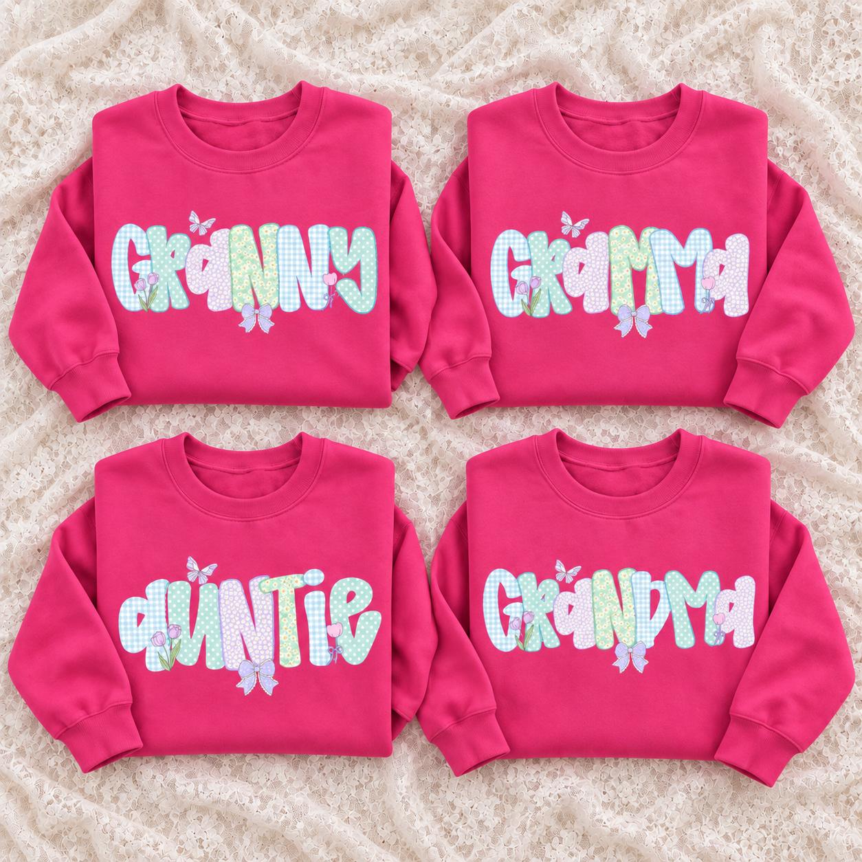 Personalized Grandma Sweatshirt, Custom Choose Your Family Nickname, Pastel Coquette Floral Bow Design, Granny Grammy Auntie Mom Gift