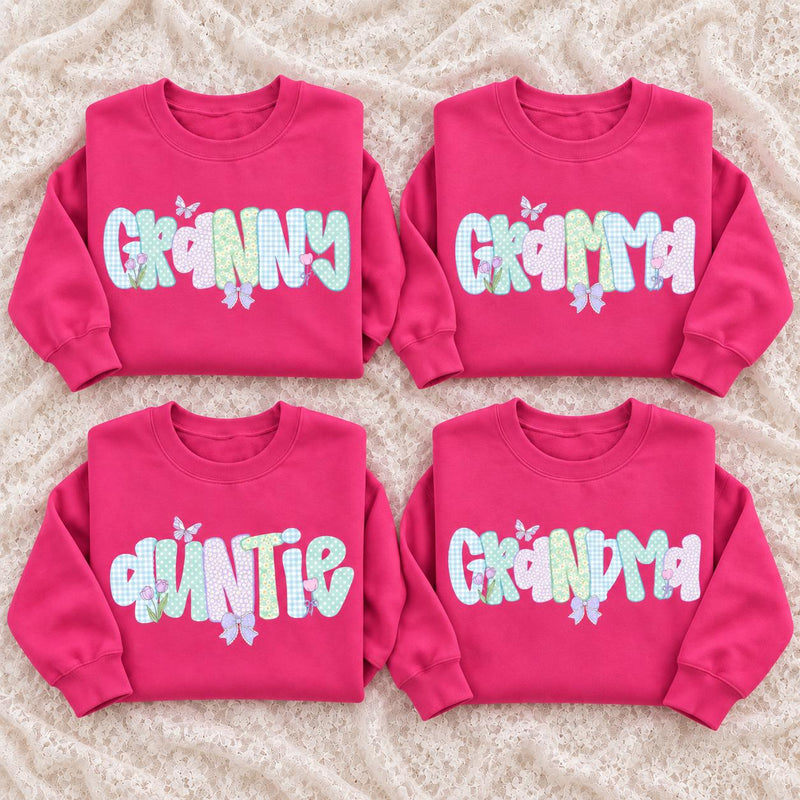 Personalized Grandma Sweatshirt, Custom Choose Your Family Nickname, Pastel Coquette Floral Bow Design, Granny Grammy Auntie Mom Gift