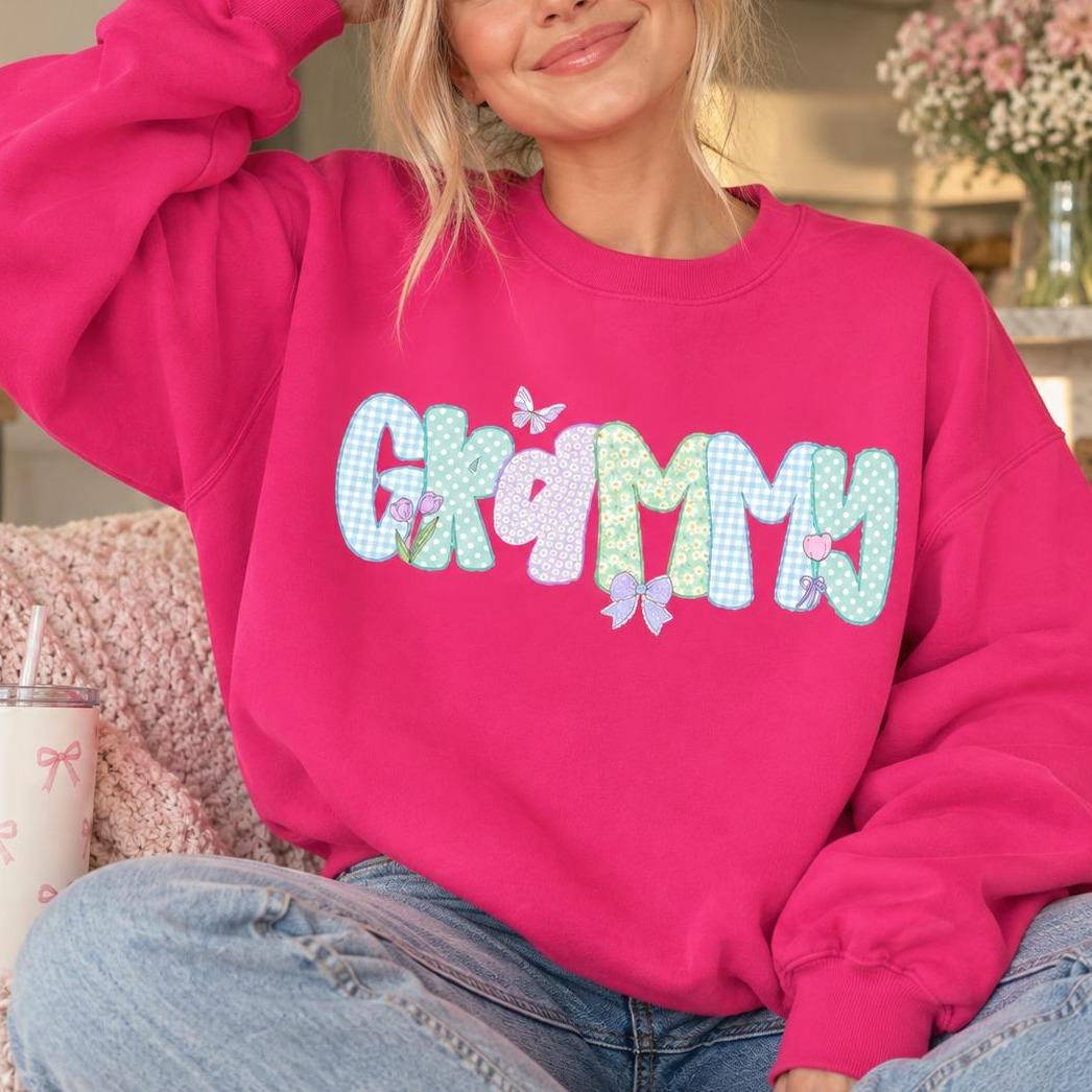 Personalized Grandma Sweatshirt, Custom Choose Your Family Nickname, Pastel Coquette Floral Bow Design, Granny Grammy Auntie Mom Gift