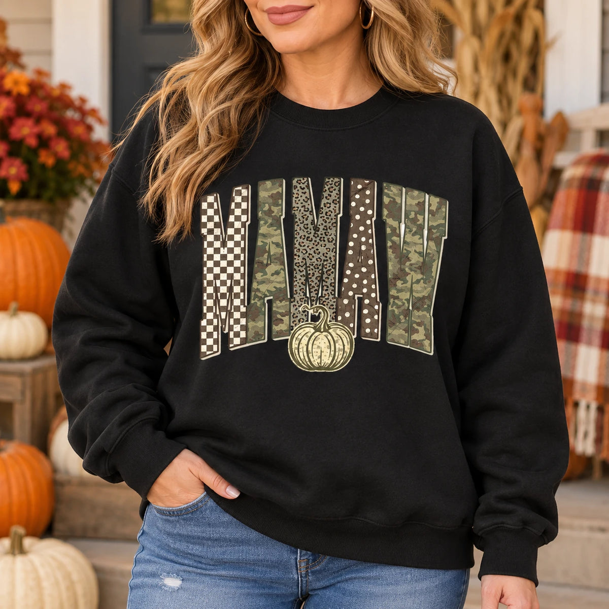Personalized Grandma Sweatshirt Custom Family Name Fall Pumpkin Patchwork Mimi Nana Mama Auntie Gift