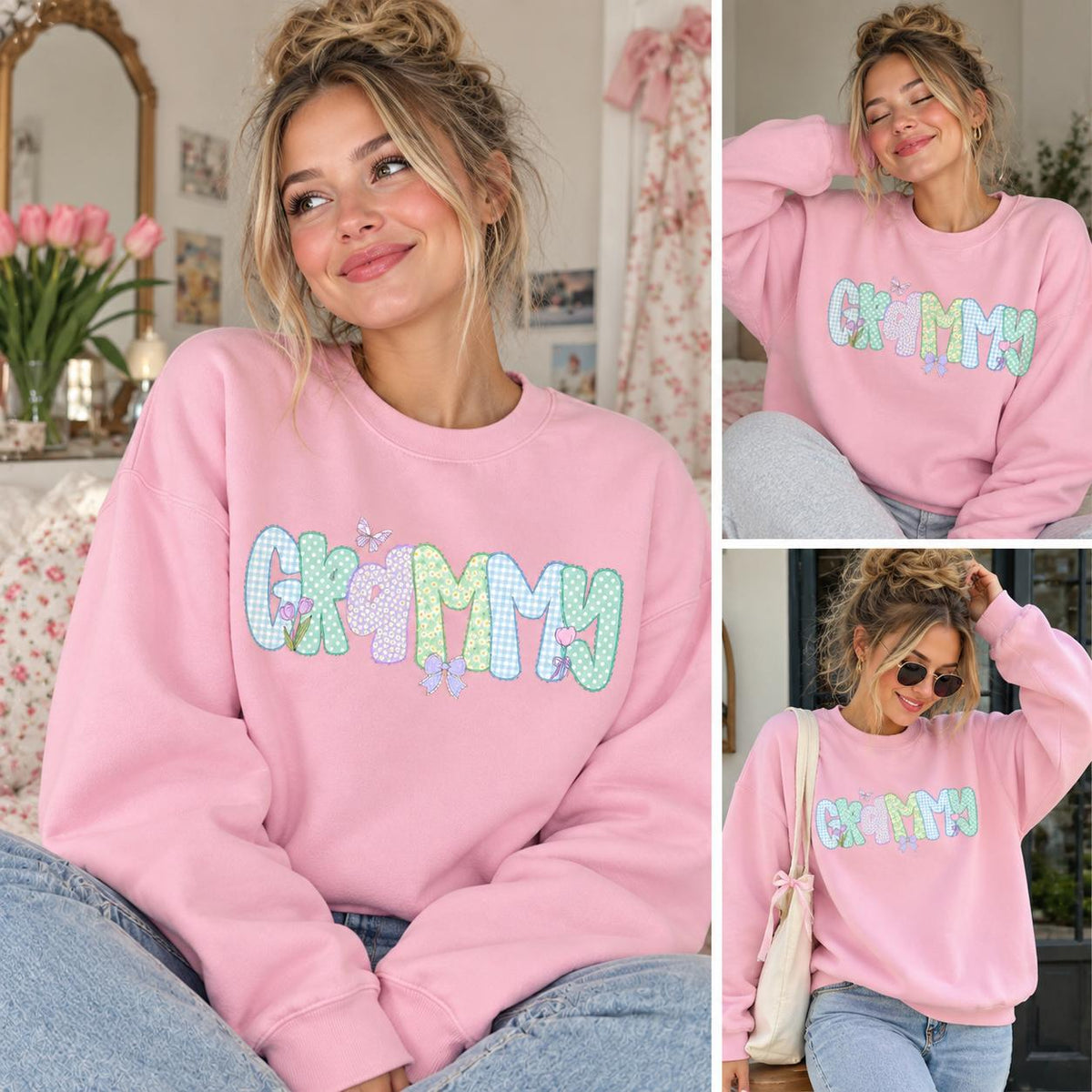 Personalized Grandma Sweatshirt, Custom Family Name Coquette Floral Bow Design, Choose Mama Granny Auntie Text, Mother's Day Gift