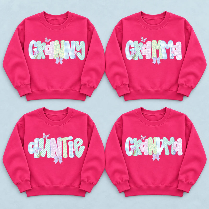 Personalized Grandma Sweatshirt, Custom Family Nickname, Pastel Coquette Floral Bow Gift for Granny Grammy Auntie Mom