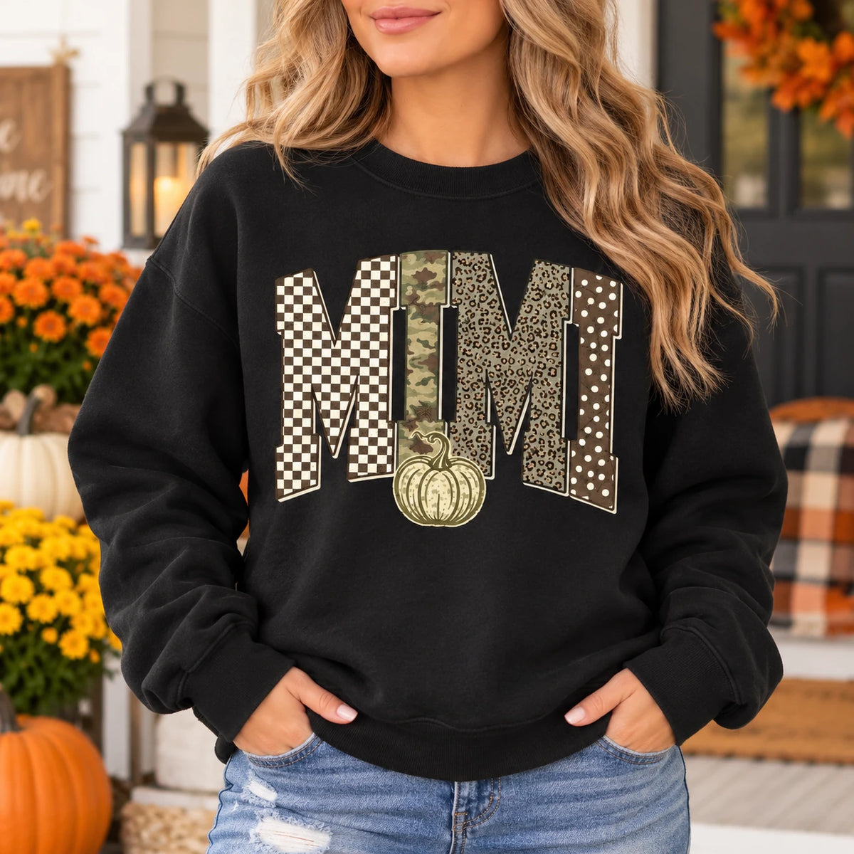 Personalized Grandma Sweatshirt Custom Family Name Fall Pumpkin Patchwork Mimi Nana Mama Auntie Gift