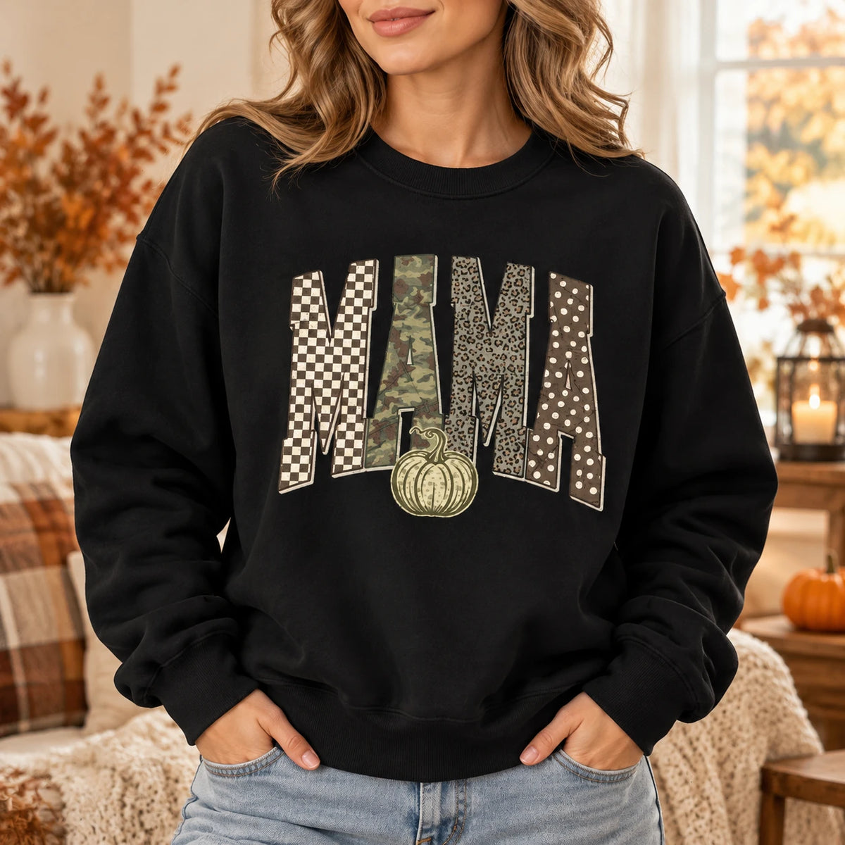 Personalized Grandma Sweatshirt Custom Family Name Fall Pumpkin Patchwork Mimi Nana Mama Auntie Gift
