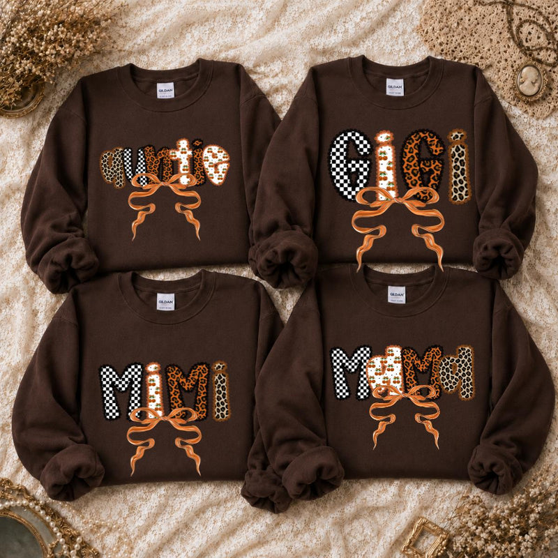 Personalized Grandma Sweatshirt, Custom Family Title Leopard Bow Design, Choose Mama Mimi Gigi Nana Auntie or Custom Text Gift