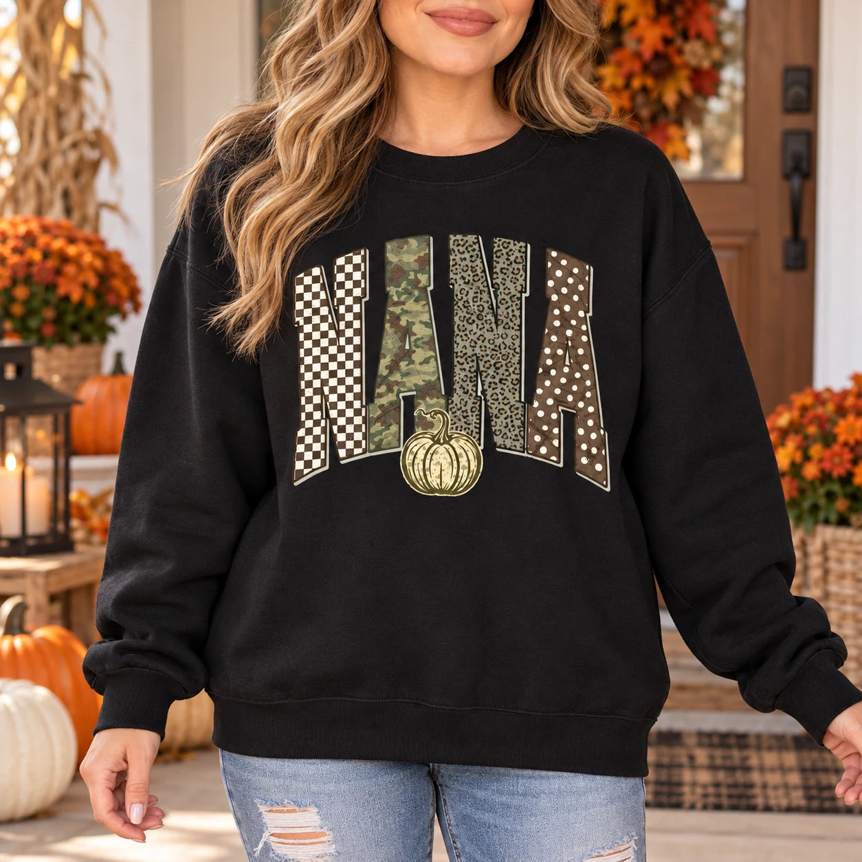 Personalized Grandma Sweatshirt Custom Family Name Fall Pumpkin Patchwork Mimi Nana Mama Auntie Gift