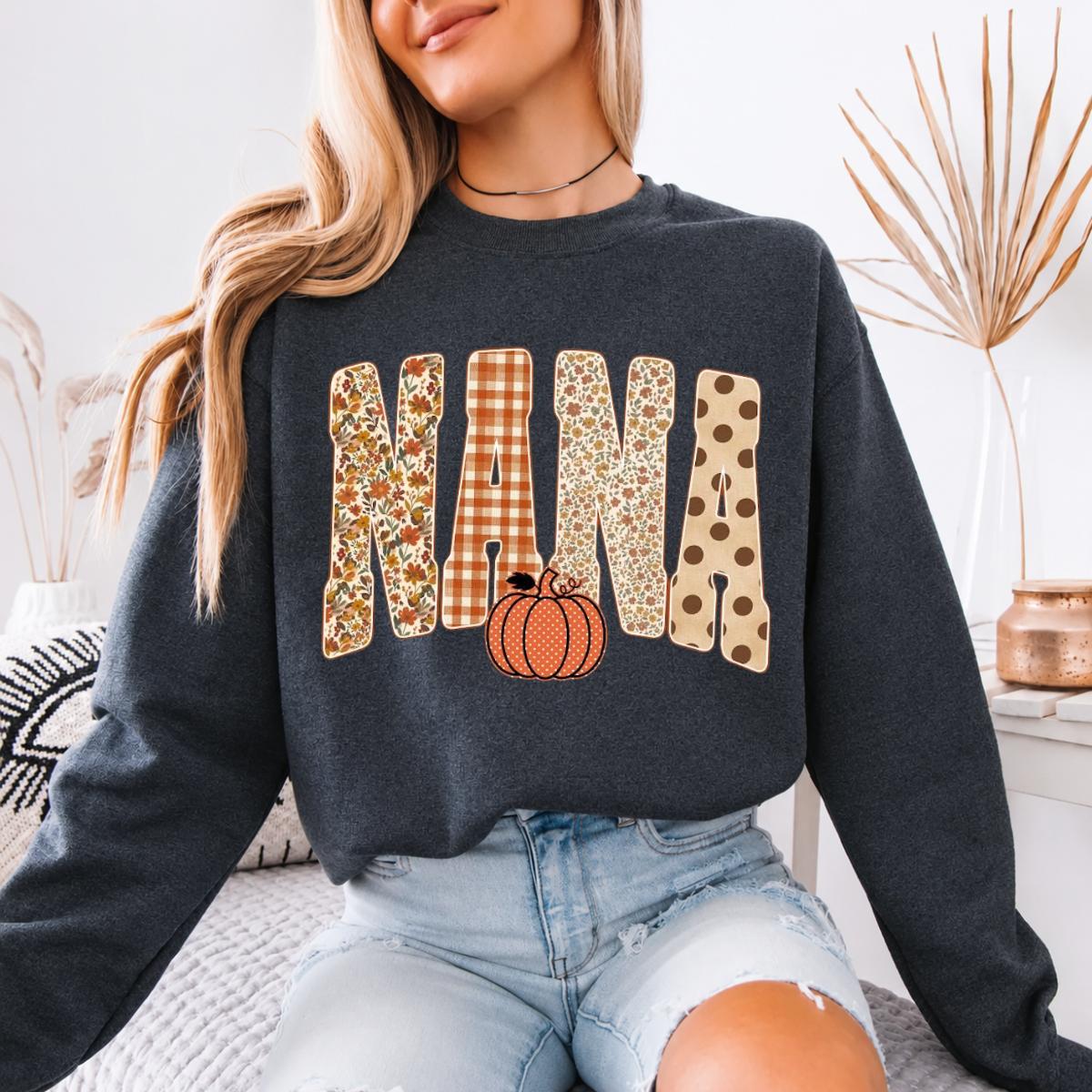 Personalized Grandma Sweatshirt, Custom Gigi Nana Mimi Mama Name Fall Pumpkin Design, Autumn Floral Gingham Polka Dot Grandma Gift, Women Cozy Retro