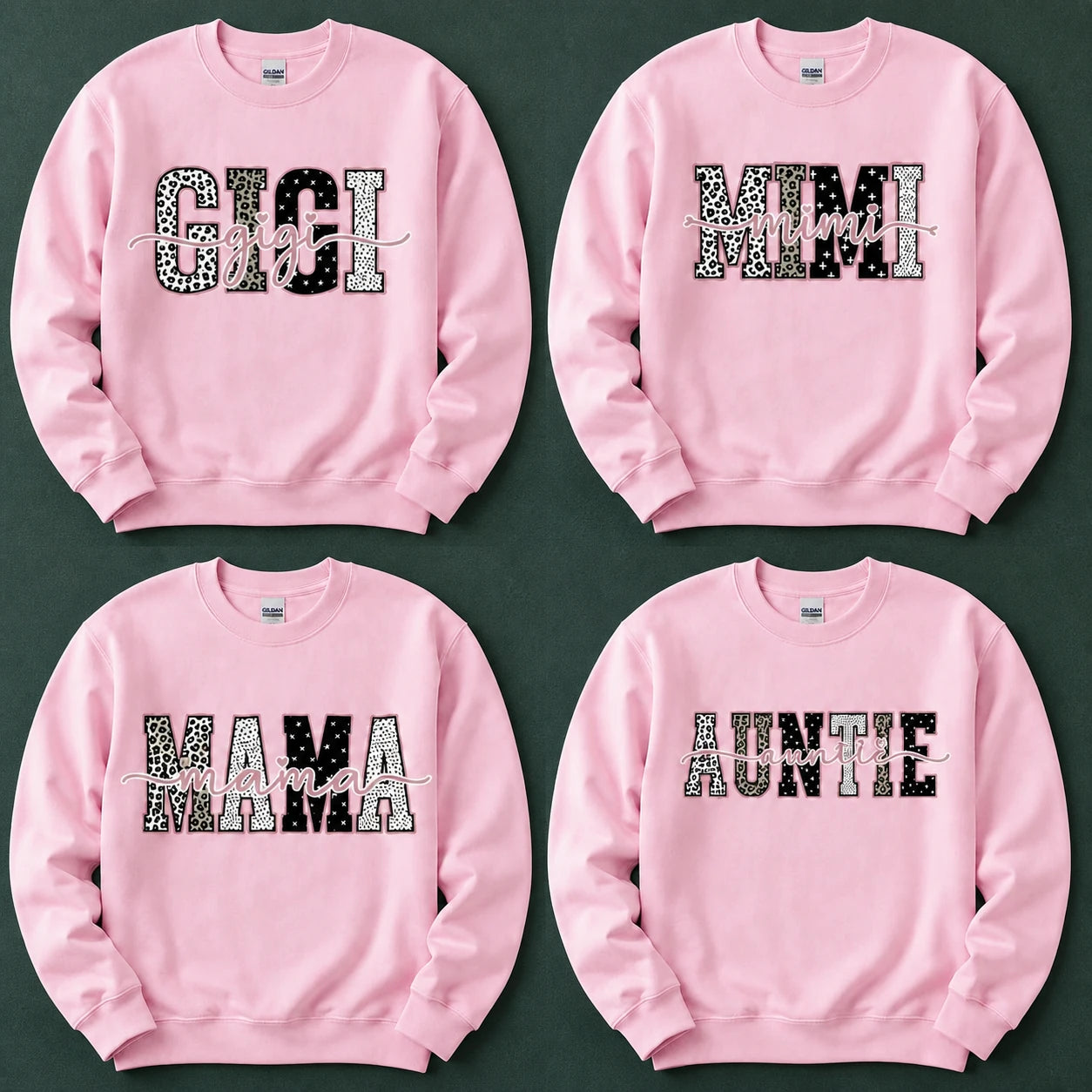 Personalized Grandma Sweatshirt, Custom Gigi Mimi Mama Auntie Nickname Design, Mother's Day Family Gift, Women, Pink Leopard Print Script Style