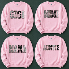 Personalized Grandma Sweatshirt, Custom Gigi Mimi Mama Auntie Nickname Design, Mother's Day Family Gift, Women, Pink Leopard Print Script Style