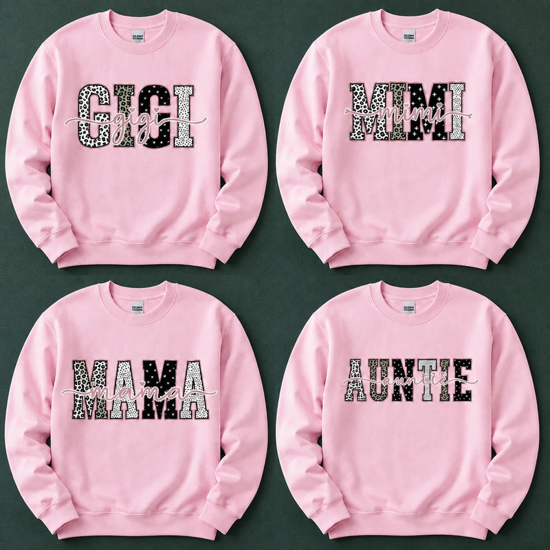 Personalized Grandma Sweatshirt, Custom Gigi Mimi Mama Auntie Nickname Design, Mother's Day Family Gift, Women, Pink Leopard Print Script Style