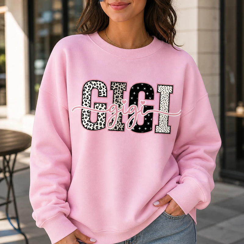 Personalized Grandma Sweatshirt, Custom Gigi Mimi Mama Auntie Nickname Design, Mother's Day Family Gift, Women, Pink Leopard Print Script Style