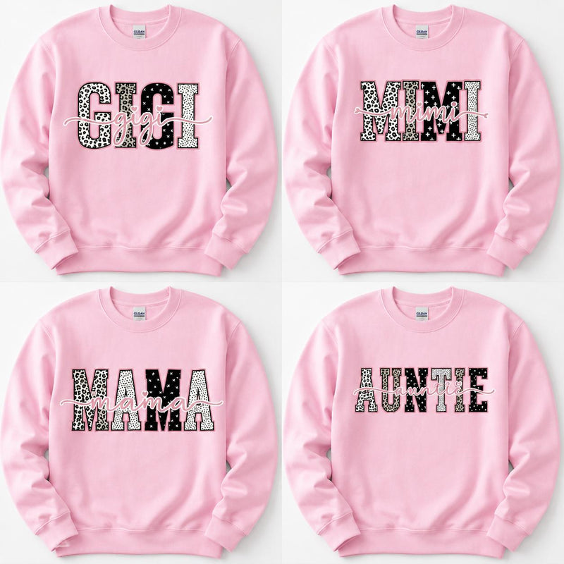 Personalized Grandma Sweatshirt, Custom Gigi Mimi Mama Auntie Nickname Design, Mother's Day Family Gift, Women, Pink Leopard Print Script Style