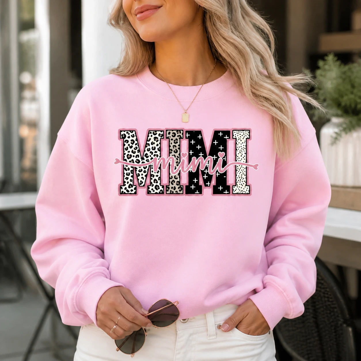 Personalized Grandma Sweatshirt, Custom Gigi Mimi Mama Auntie Nickname Design, Mother's Day Family Gift, Women, Pink Leopard Print Script Style