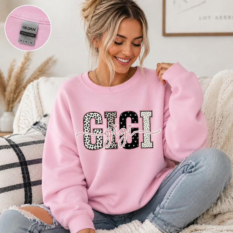 Personalized Grandma Sweatshirt, Custom Gigi Mimi Mama Auntie Nickname Design, Mother's Day Family Gift, Women, Pink Leopard Print Script Style