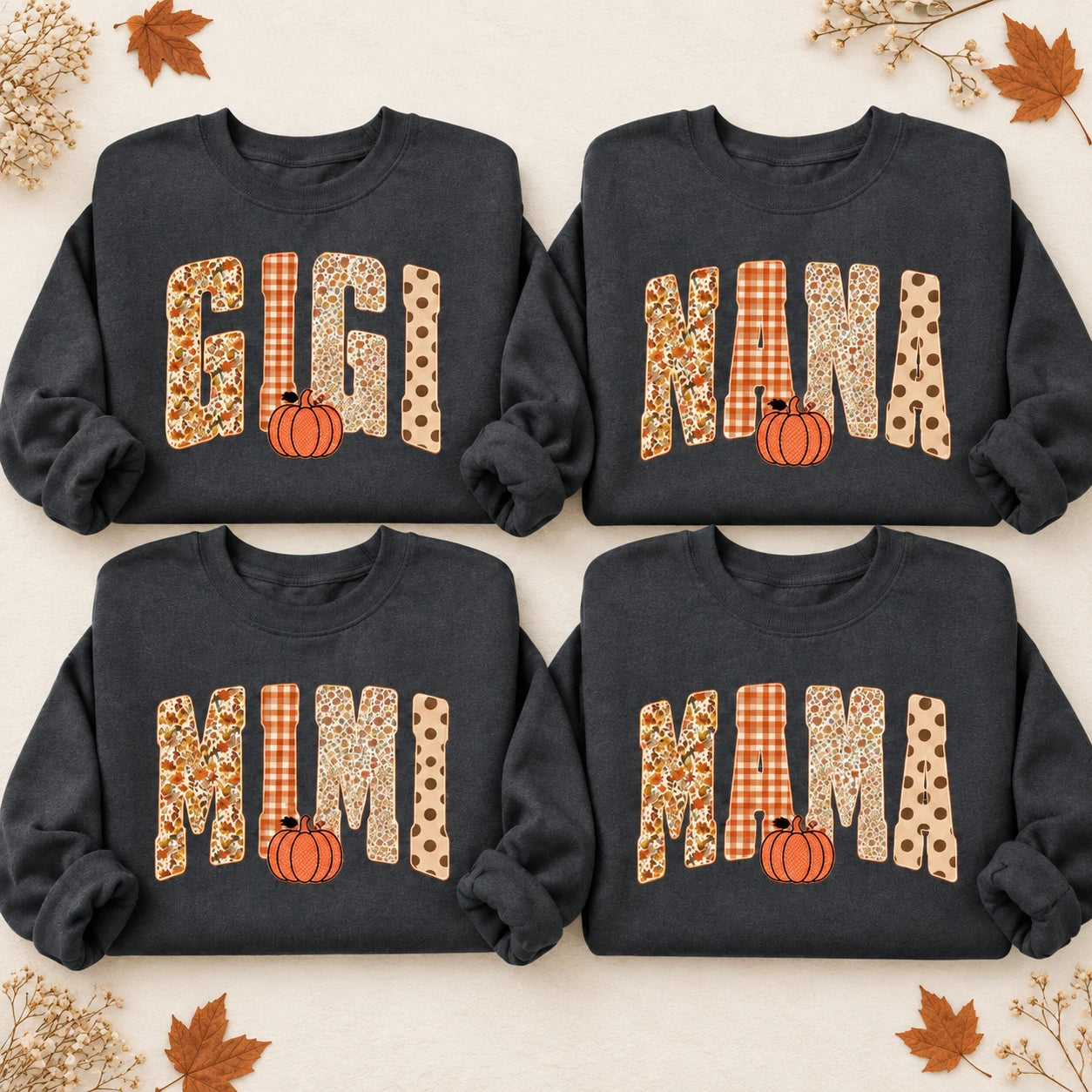 Personalized Grandma Sweatshirt, Custom Gigi Nana Mimi Mama Name Fall Pumpkin Design, Autumn Floral Gingham Polka Dot Grandma Gift, Women Cozy Retro