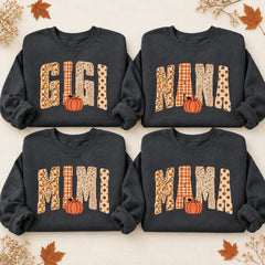 Personalized Grandma Sweatshirt, Custom Gigi Nana Mimi Mama Name Fall Pumpkin Design, Autumn Floral Gingham Polka Dot Grandma Gift, Women Cozy Retro