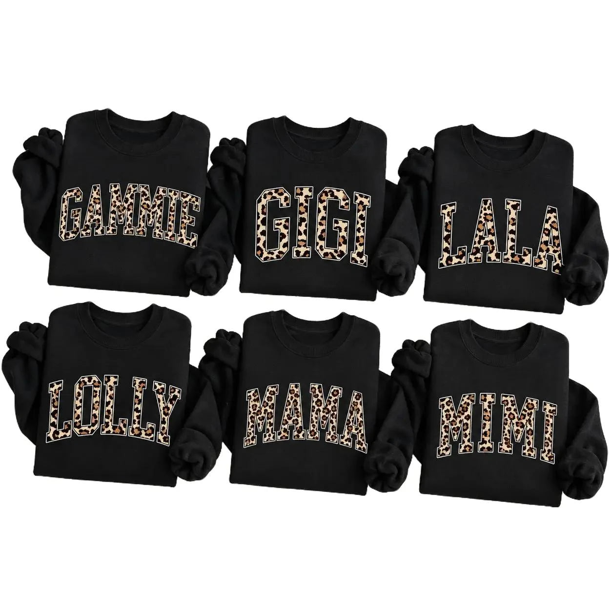 Personalized Grandma Sweatshirt Custom Leopard Nickname Gigi Mimi Nana Mama Mother's Day Family Matching Gift Women Leopard Varsity