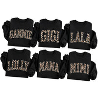Personalized Grandma Sweatshirt Custom Leopard Nickname Gigi Mimi Nana Mama Mother's Day Family Matching Gift Women Leopard Varsity