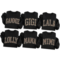 Personalized Grandma Sweatshirt Custom Leopard Nickname Gigi Mimi Nana Mama Mother's Day Family Matching Gift Women Leopard Varsity