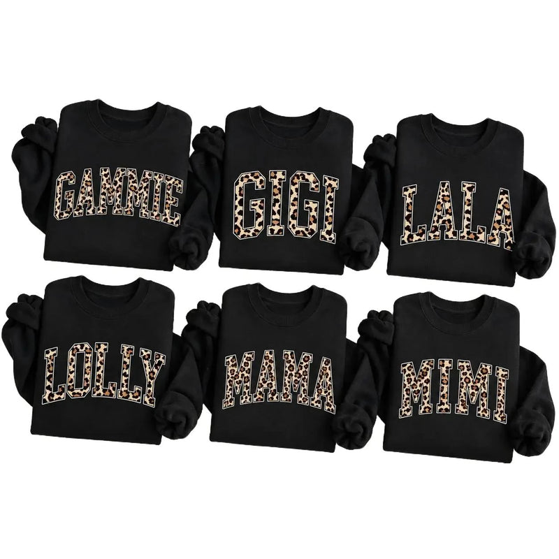 Personalized Grandma Sweatshirt Custom Leopard Nickname Gigi Mimi Nana Mama Mother's Day Family Matching Gift Women Leopard Varsity