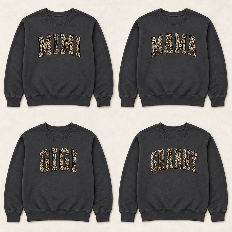 Personalized Grandma Sweatshirt, Custom Leopard Print Family Nickname Crewneck, Mama Mimi Gigi Auntie Mom Gift for Her