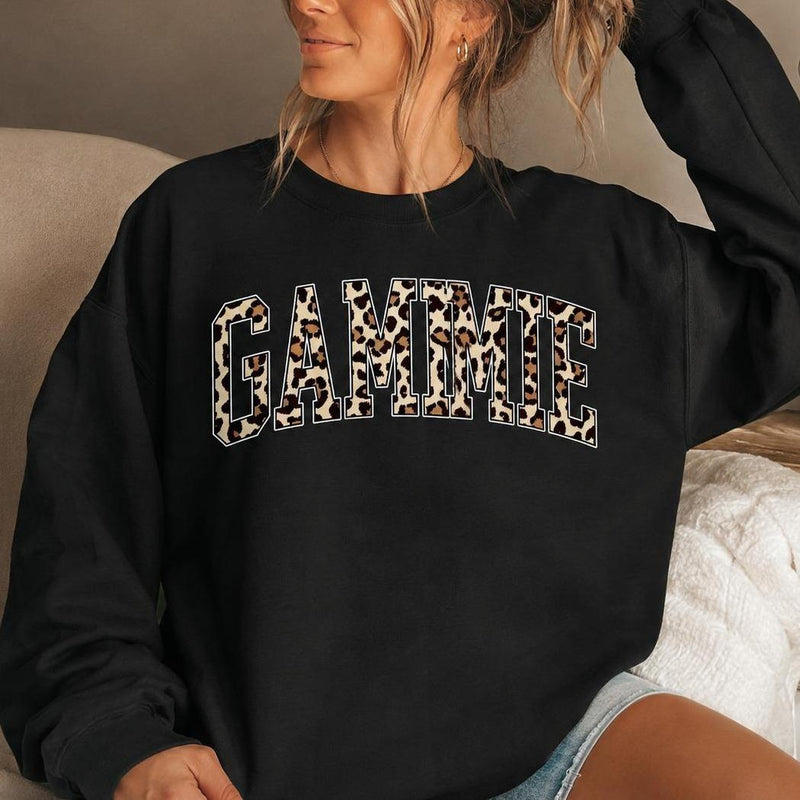 Personalized Grandma Sweatshirt Custom Leopard Nickname Gigi Mimi Nana Mama Mother's Day Family Matching Gift Women Leopard Varsity