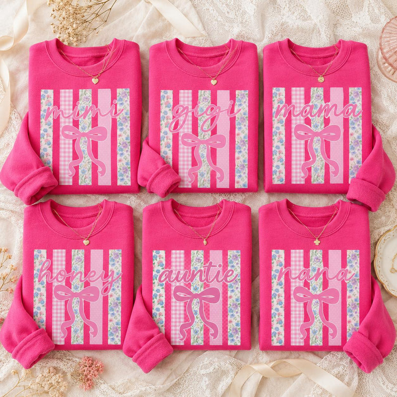 Personalized Grandma Sweatshirt, Custom Mimi Gigi Nana Mama Family Name, Mother's Day Grandma Gift for Women, Coquette Floral Bow Pink