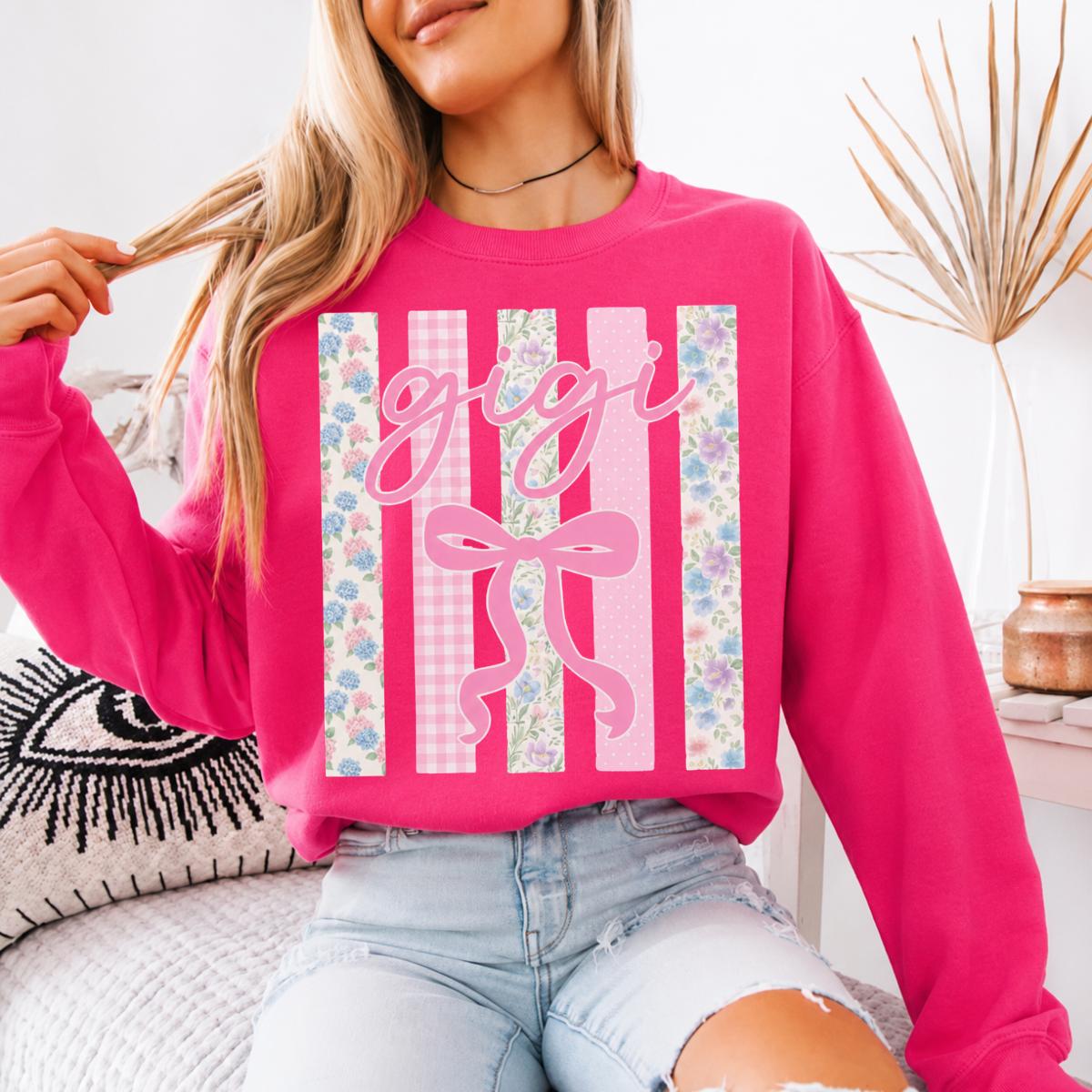 Personalized Grandma Sweatshirt, Custom Mimi Gigi Nana Mama Family Name, Mother's Day Grandma Gift for Women, Coquette Floral Bow Pink