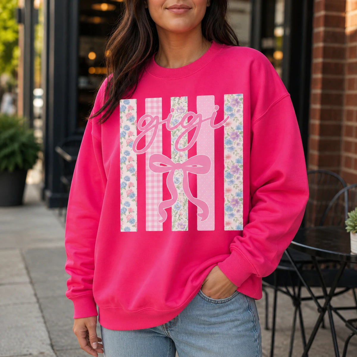 Personalized Grandma Sweatshirt, Custom Mimi Gigi Nana Mama Family Name, Mother's Day Grandma Gift for Women, Coquette Floral Bow Pink