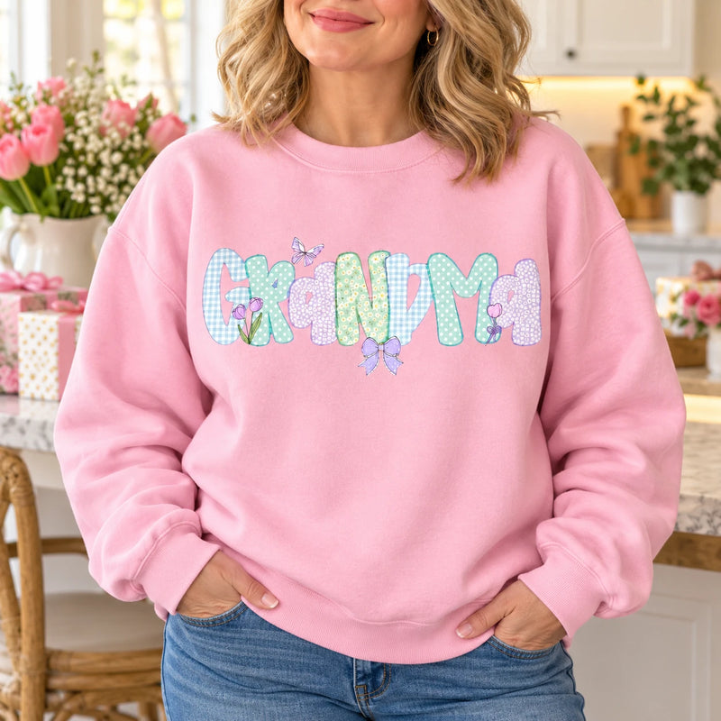 Personalized Grandma Sweatshirt, Custom Mama Grammy Granny Auntie, Pastel Coquette Gingham Floral Bow Design, Mother's Day Gift